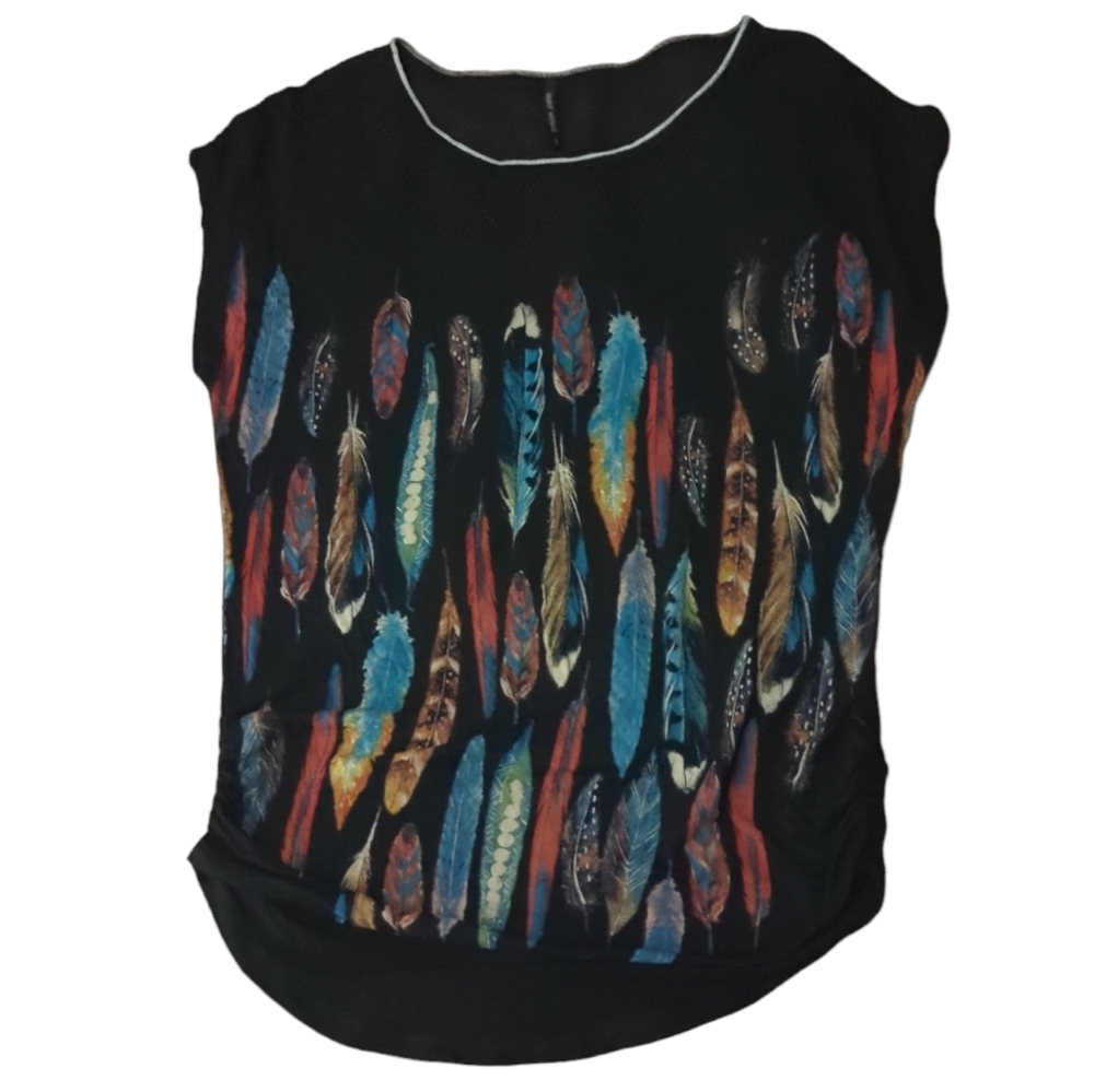 Skinny Minnie T Shirt Small Black Feathers Mesh Inset Tee